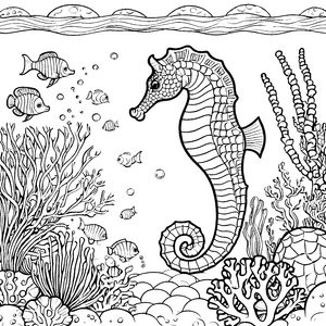 Faszinierendes Seepferdchen unter bunten Fischen Ausmalmotiv für kleine Entdecker
