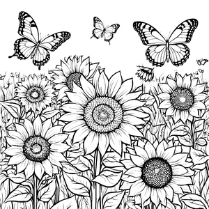 Zwei zauberhafte Schmetterlinge über Sonnenblumen Ausmalbild für neugierige Entdecker