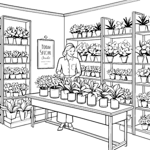 Blumenverliebte Verkäuferin umgeben von bunten Blühpflanzen Ausmalbild für kleine Blütenfreunde
