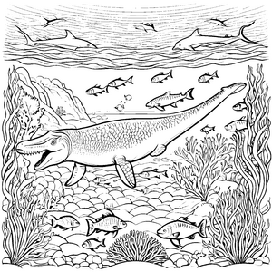 Faszinierender Mosasaurus umgeben von bunten Fischen Ausmalmotiv für kleine Unterwasserforscher und neugierige Kreative