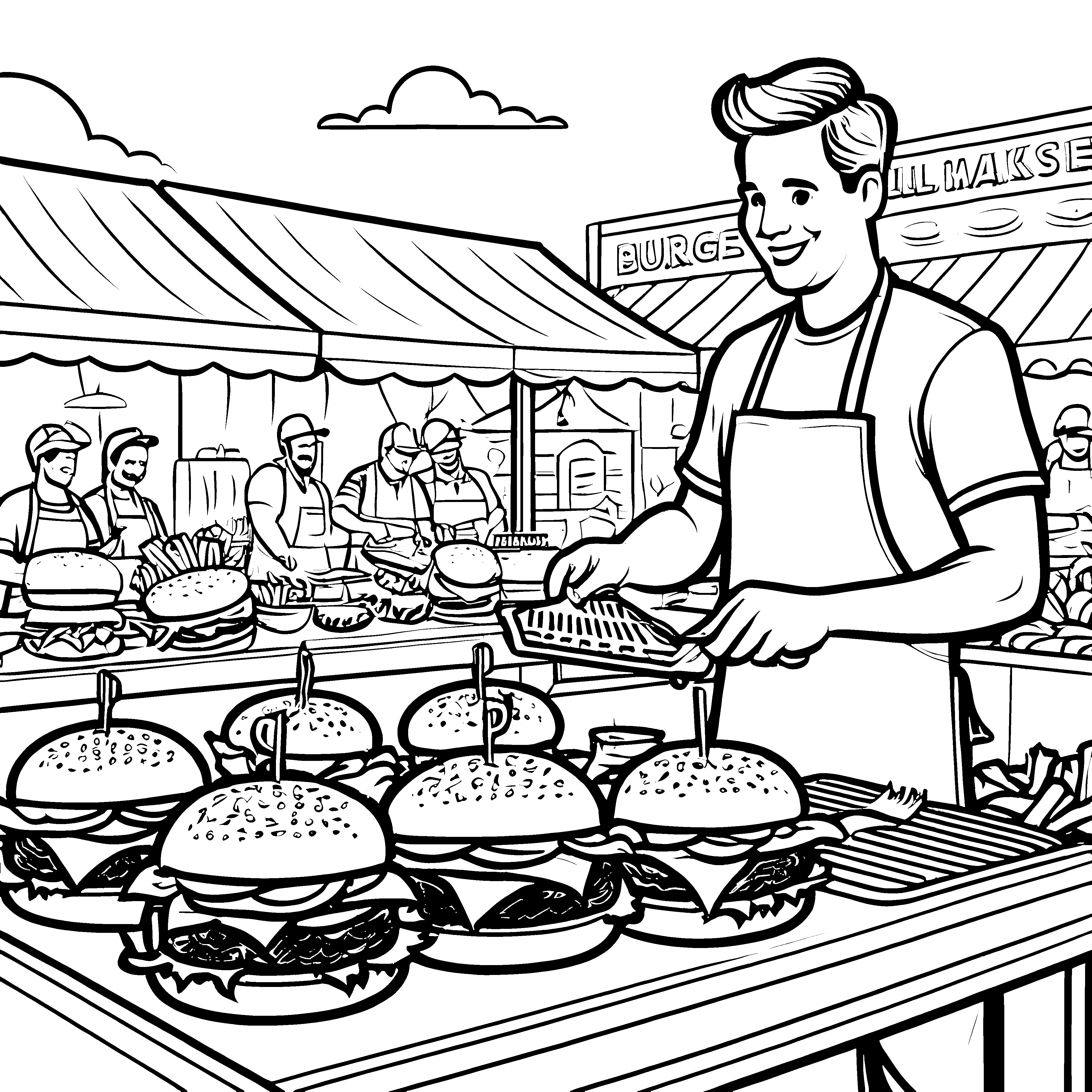 Leckere Hamburger in fröhlicher Grillatmosphäre Ausmalvorlage für kleine Küchenzauberer