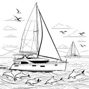 Bezaubernde Yacht mit fröhlichen Delfinen Malvorlage für schwimmende Abenteurer
