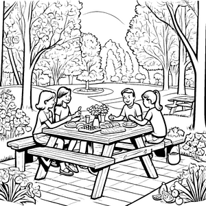 Fröhliche Kinder am bunten Picknicktisch Ausmalbild für lebhafte Entdecker und kreative Ausmalfreunde