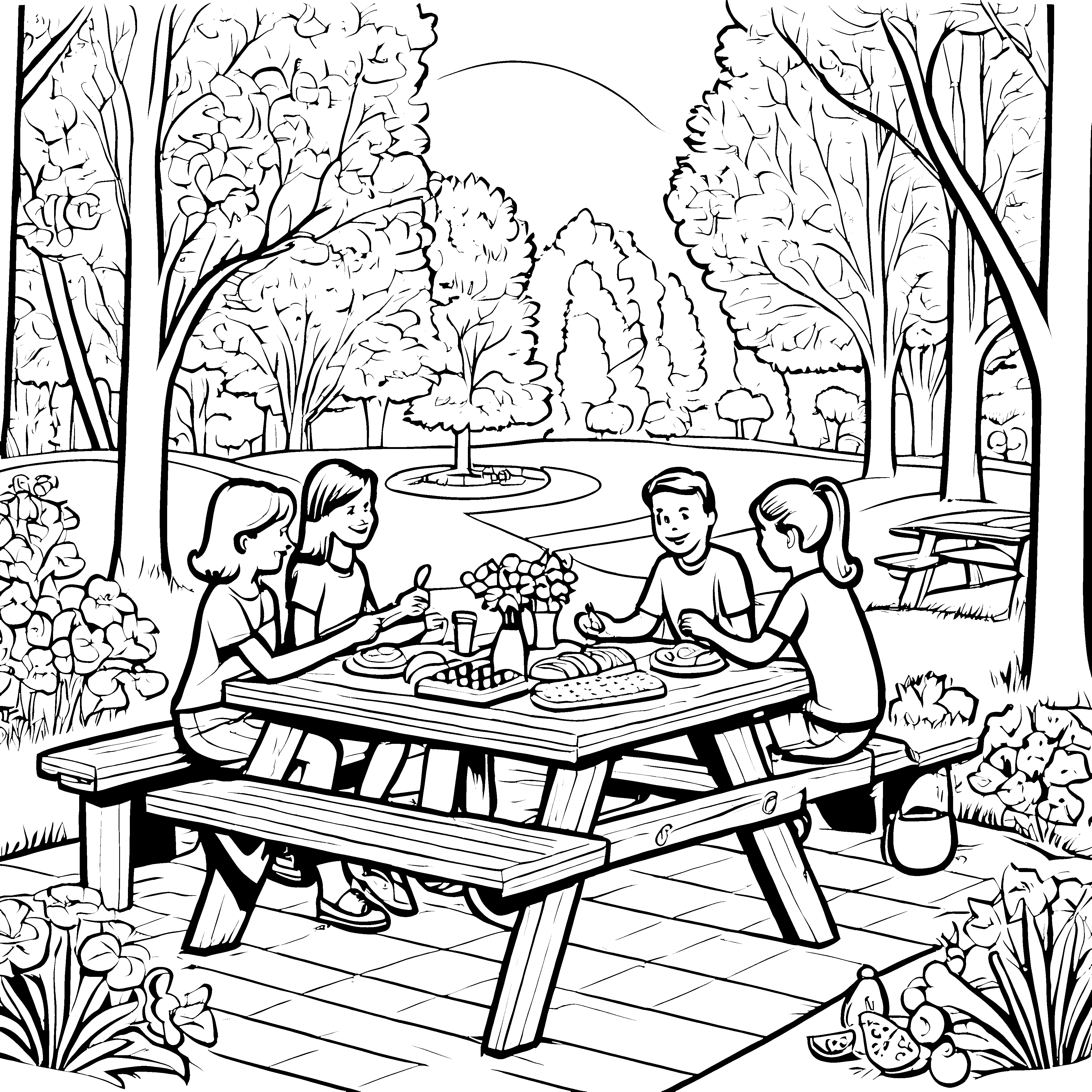 Fröhliche Kinder am bunten Picknicktisch Ausmalbild für lebhafte Entdecker und kreative Ausmalfreunde