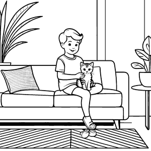Gemütliches Retro-Sofa mit neugierigem Kätzchen Ausmalbild für kreative Zuhausegestalter
