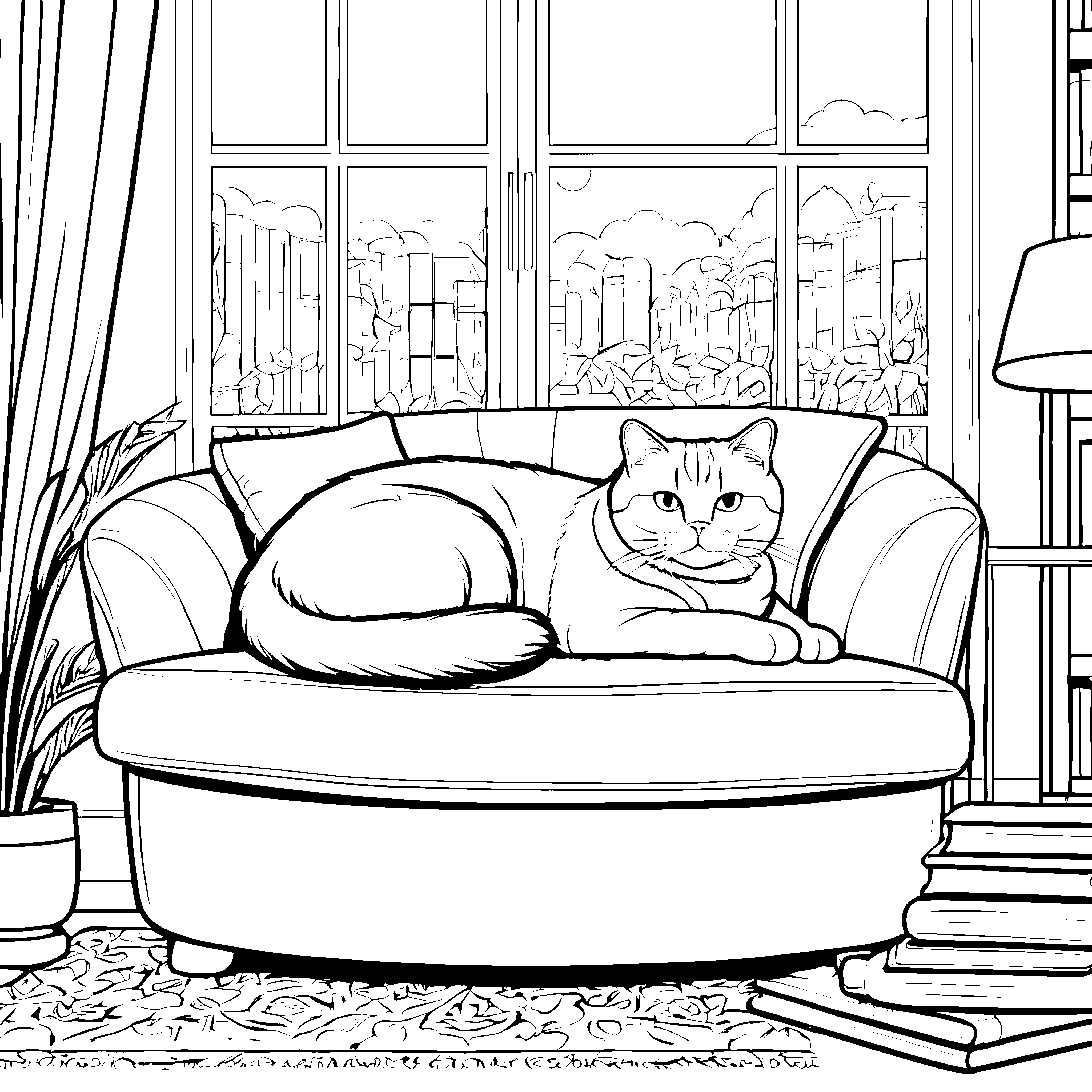 Entspannte Britisch Kurzhaar Katze auf bequemem Sessel Ausmalbild für gemütliche Katzenfreunde