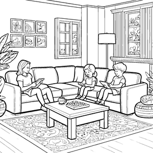 Begeisternde Spielszenen mit Kindern auf der Couch Ausmalvorlage für junge Geschichtenerzähler und neugierige Entdecker