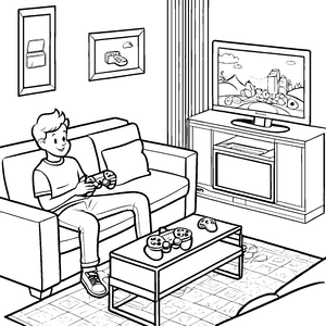 Begeisterter Junge mit Joystick auf der Couch Ausmalbild für fantasievolle Zockerfreunde