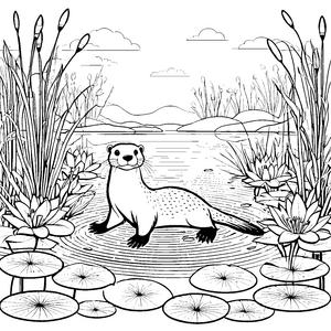 Beaver auf den Seerosen im Sumpf Ausmalbild für kleine Naturfreunde