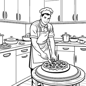 Kreativer Pizzabäcker bei der Arbeit Ausmalbild für hungrige Künstler