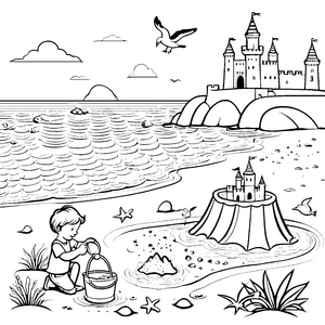 Fantasievolles Sandburg-Motiv mit schimmerndem Meer Ausmalbild für kreative Baumeister