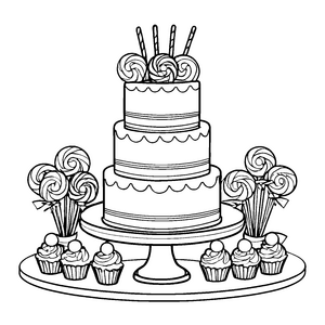Festliche Hochzeitstorte mit verzierten Cupcakes Ausmalvorlage für kleine Backkunst-Enthusiasten