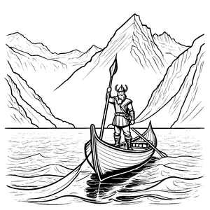 Wikinger mit Speer auf mächtiger Bootstour Ausmalbild für kleine Abenteurer