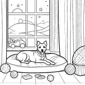 Gemütliches Hundekörbchen mit bunten Spielzeugen Ausmalbild für fröhliche Tierfreunde