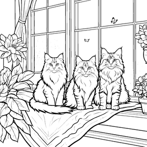 Drei bezaubernde Maine Coon Katzen auf Fensterbank Ausmalbild für gemütliche Tierfreunde