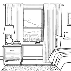 Mystisches Fenster mit Stadtblick und Kuschelbett Ausmalmotiv für neugierige Nachtschwärmer