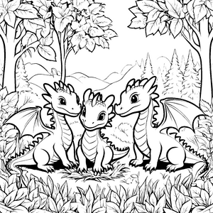 Drei verspielte Drachen im Sonnenlicht Malvorlage für kleine Abenteuerer mit Fantasie