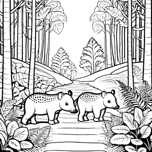 Zwei abenteuerlustige Tapir Jungtiere auf Erkundungstour Ausmalbild für kleine Naturabenteurer und fantasievolle Entdecker