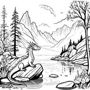 Fabelhafter Drache auf einsamem Felsen über schimmerndem Wasser Ausmalbild für kreative Wasserabenteurer