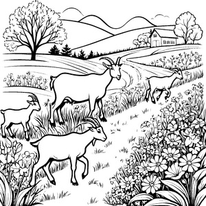 Flocke von Ziegen auf blühender Wiese Ausmalbild für kreative Landliebhaber