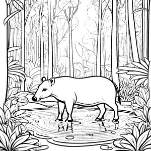 Faszinierender Tapir im Wasser unter Bäumen Ausmalvorlage für abenteuerliche Tierentdecker