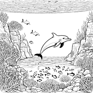 Spritzender Delfin springt über fröhliche Fische Ausmalvorlage für abenteuerlustige Meeresträumer