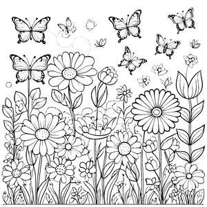 Flatternde Schmetterlinge über bunten Blumen Malvorlage für neugierige Entdecker