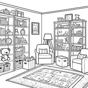 Gemütlicher Raum mit Mehrzweckschrank und Teddy Ausmalmotivation für kleine Wohnraumgestalter
