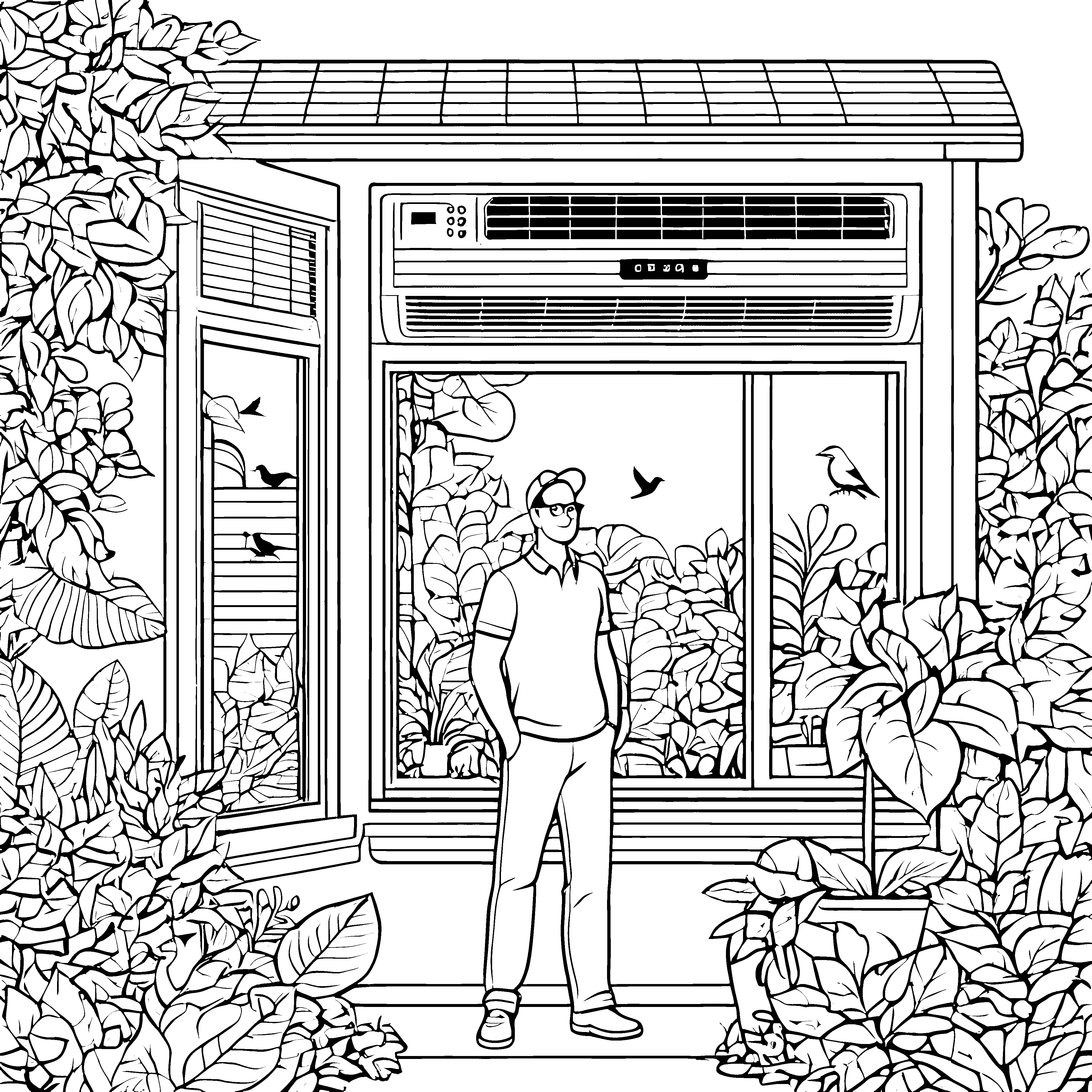 Neugieriger Mann am Fenster mit Klimagerät Ausmalmotiv für innovative Entdecker