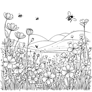 Fliegender Klee umgeben von summenden Bienen Malvorlage für kleine Naturentdecker