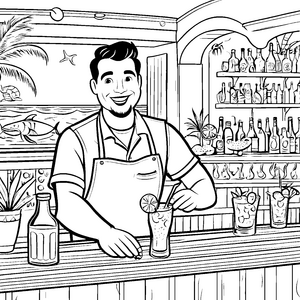 Fröhlicher Barkeeper mixt spritzigen Cocktail Ausmalvorlage für kleine Genussentdecker