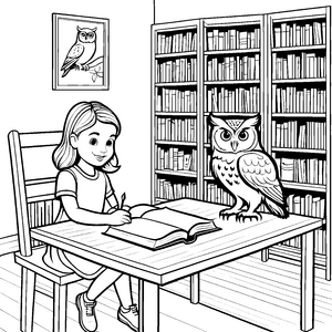 Bezaubernde Eule mit fleißigem Mädchen in Bibliothek Ausmalvorlage für wissbegierige Leseratten