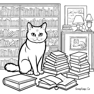 Grummelige Katze zwischen Bücherstapeln Ausmalvorlage für wissbegierige Leseratten