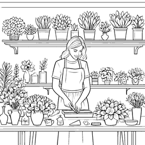 Blumenfreundliche Künstlerin bei der Pflanzenpflege Ausmalmotiv für junge Naturforscher