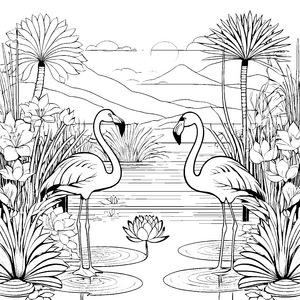 Zwei elegante Flamingos vor einem Teich Ausmalbild für kleine Naturfreunde