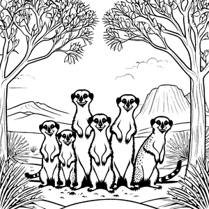 Familie der verspielten Erdmännchen Jungtiere in der Wiese Ausmalbild für kleine Entdecker und kreative Tierfreunde