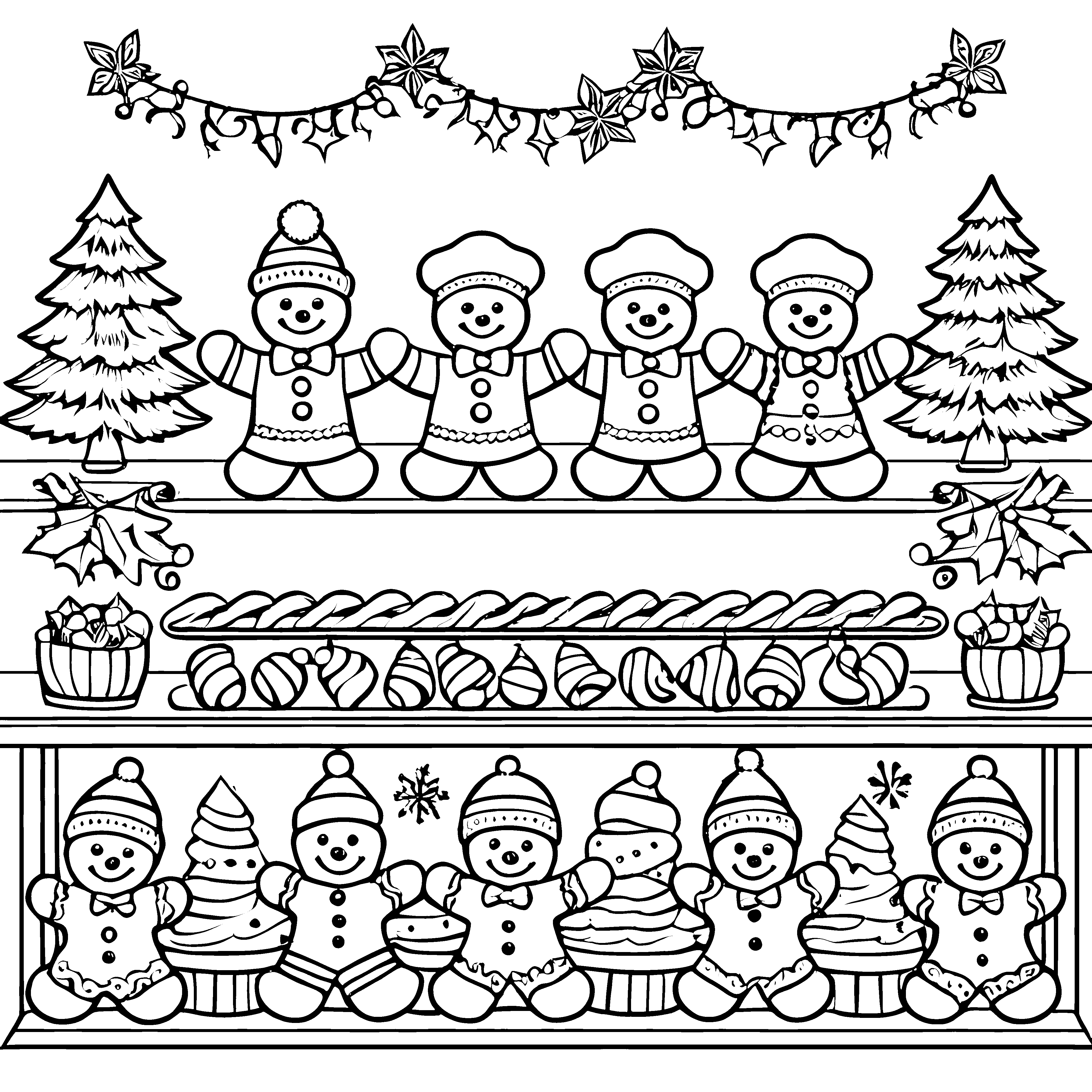 Fröhliche Lebkuchenmänner in buntem Weihnachtszauber Ausmalbild für kleine Backfreunde
