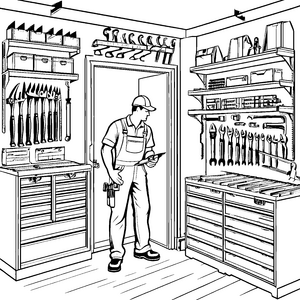 Handwerker mit Smartphone in kreativem Werkraum Malvorlage für talentierte Bastler und kleine Erfinder