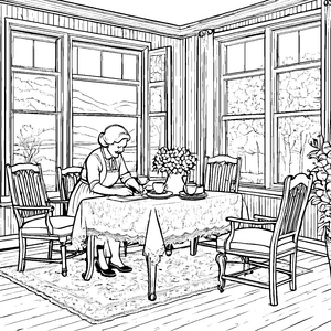 Gemütlicher Landhausstil-Tisch mit Fensterblick Ausmalmotiv für liebenswerte Bastelhelden