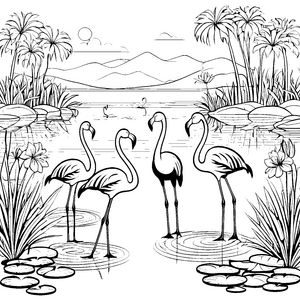 Vier fröhliche Flamingos im flachen Wasser Ausmalbild für junge Tierfreunde auf Abenteuerreise