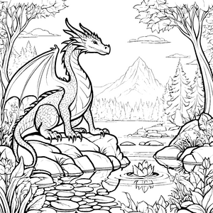 Faszinierender Drache am ruhigen Wasserfall Ausmalmotiv für kleine Fantasiehelden
