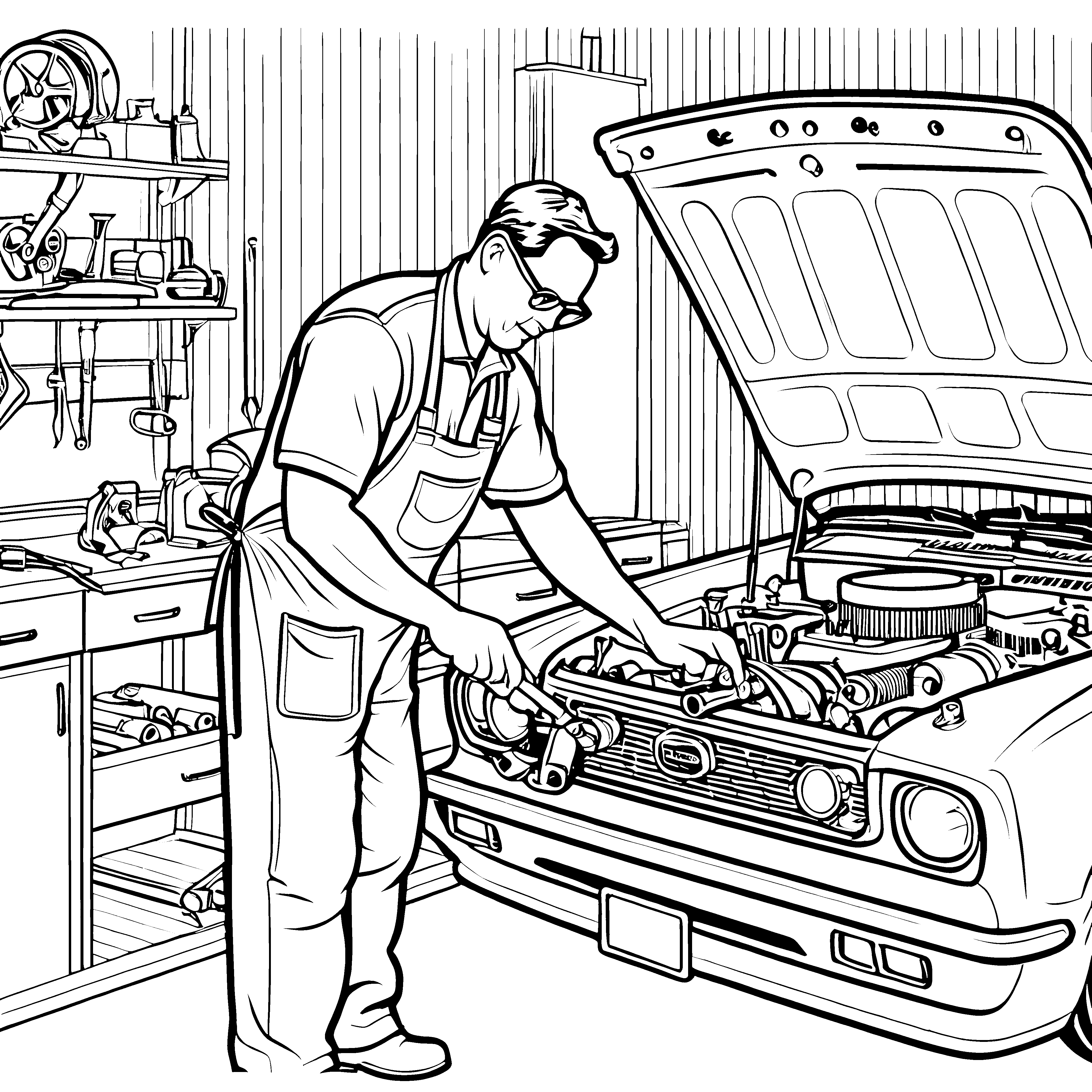 Fleißiger Mechaniker mit Werkzeug um das Auto Ausmalvorlage für angehende Handwerker