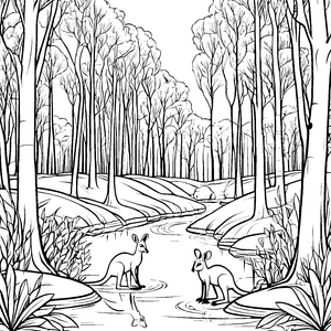 Zwei neugierige Känguru-Jungtiere am kleinen Bach Ausmalmotivation für fantasievolle Abenteurer mit großen Fragen