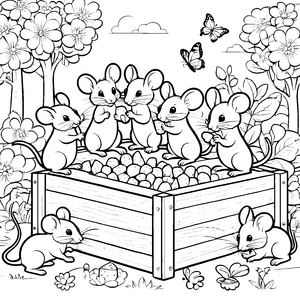 Fünf fröhliche Mäuse beim Snackfest Ausmalvorlage für kleine Schleckermäulchen