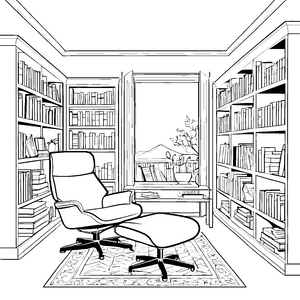 Stylischer Relaxsessel im zauberhaften Leseraum Ausmalvorlage für inspirierte Buchentdecker