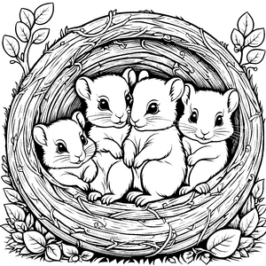 Vier süße Flughörnchen Babys im gemütlichen Nest Malvorlage für kurvenreiche Entdecker mit bunten Träumen
