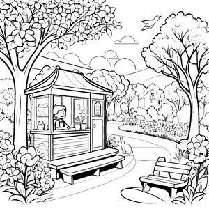 Fröhlicher Kiosk im blühenden Park Ausmalvorlage für neugierige Naturfreunde