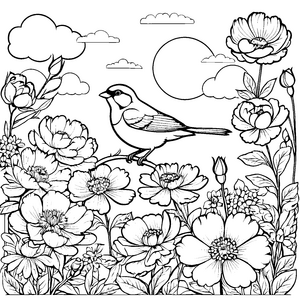 Wunderschöner Vogel auf einer Blüte im Feld Ausmalbild für kleine Farbträumer