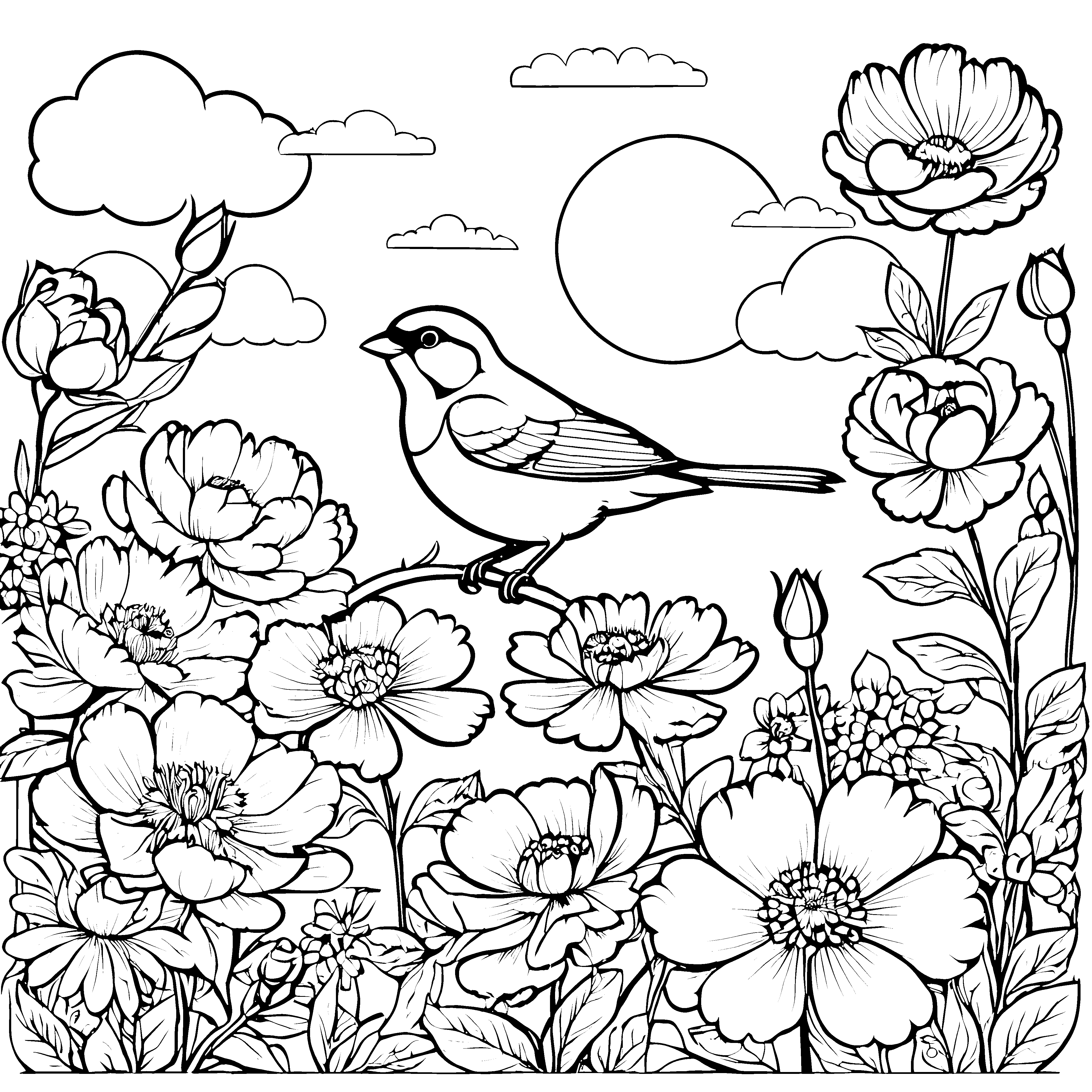 Wunderschöner Vogel auf einer Blüte im Feld Ausmalbild für kleine Farbträumer