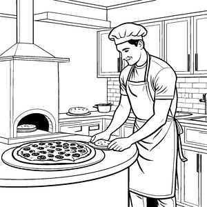 Kreativer Pizzabäcker beim Zaubern köstlicher Pizza Ausmalvorlage für kleine Meisterköche